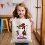 Personalised Cute Ghost Pumpkin Bat Large Canvas Tote Bag with Name Trick or Treat Halloween Gift for Family Kids