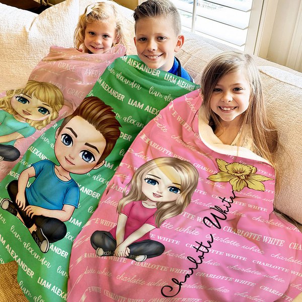 Personalised Multicolour Cute Cartoon Birth Flower Soft Throw Blanket with Name Birthday Christmas Gift for Boys Girls