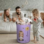 Personalized Double-Side Cartoon Character & Birth Flower Waterproof Laundry Storage Basket with Name and Handle Birthday Housewarming Gift for Family