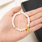 Personalised Freshwater Shell Pearl Cross Bracelet with Name Birthday Christening Religious Gift for Women