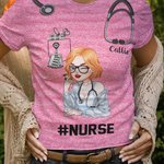 Personalized Multicolour Cartoon Women Character Glitter T-Shirt with Name and Text Birthday Nurse Week Gift for Nurse Doctor Medical Staff
