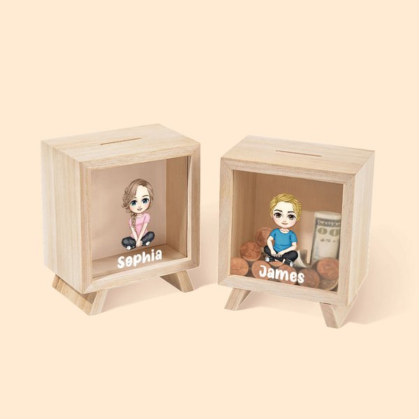 Henkilökohtainen söpö sarjakuvahahmo puinen selkeä Piggy Bank Money Box nimi syntymäpäivä lasten päivä lahja pojille tytöille