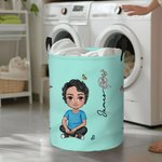 Personalized Double-Side Cartoon Character & Birth Flower Waterproof Laundry Storage Basket with Name and Handle Birthday Housewarming Gift for Family