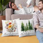 Personalized Mr and Mrs Wildflower Pine Tree Throw Pillow Cover with Name and Date Housewarming Wedding Engagement Gift for Couple