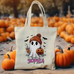 Personalised Cute Ghost Pumpkin Bat Large Canvas Tote Bag with Name Trick or Treat Halloween Gift for Family Kids