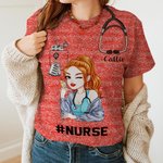 Personalized Multicolour Cartoon Women Character Glitter T-Shirt with Name and Text Birthday Nurse Week Gift for Nurse Doctor Medical Staff