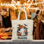 Personalised Cute Ghost Pumpkin Bat Large Canvas Tote Bag with Name Trick or Treat Halloween Gift for Family Kids