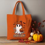 Personalised Cute Ghost Pumpkin Bat Large Canvas Tote Bag with Name Trick or Treat Halloween Gift for Family Kids