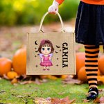 Personalisierte Halloween Cartoon Jute Tasche mit Mädchen Junge Figur als Teufel Engel Vampir Hexe Mumie Skelett Kürbis Tote Bag Geschenk für Kinder