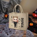 Personalisierte Halloween Cartoon Jute Tasche mit Mädchen Junge Figur als Teufel Engel Vampir Hexe Mumie Skelett Kürbis Tote Bag Geschenk für Kinder