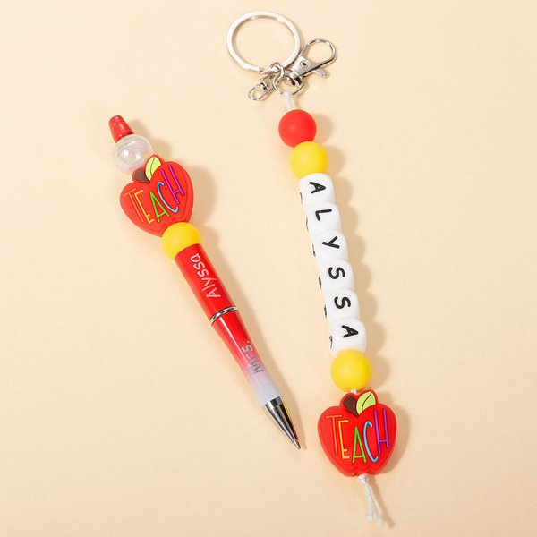 Personalized Pencil Apple Design Breaded Pen Keychain Set with Name Teacher Appreciation Back to School Gift for Teacher