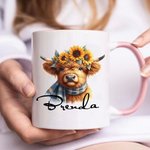 Personalized Sunflower Highland Cow Multicolour 11oz Ceramic Mug with Name Birthday Gift for Highland Cow Lovers