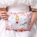 Personalized Cute Cartoon Character Floral Corduroy Makeup Bag Pouch with Name Wedding Bridal Shower Gift for Bride Bridesmaid
