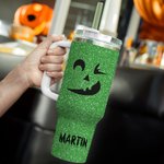Personalized Faux Glitter Funny Pumpkin Pattern Large Capacity 40 oz Name Tumbler with Lid and Straw Halloween Gift for Friend Family
