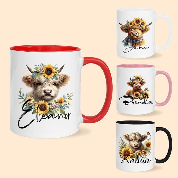 Vaca Highland Girasol Multicolor 11oz Taza de Cerámica Personalizada con Nombre Regalo de Cumpleaños para los Amantes de las Vacas Highland