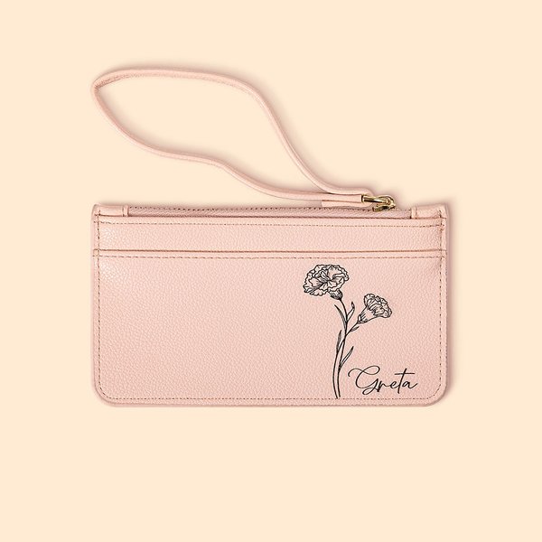 Birth Flower Name Card Holder Wallet with Wrist Strap