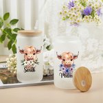 Personalisierte Geburt Blume Hochland Kuh Design 20oz gefrostet klar können Glas mit Namen und Stroh Geburtstag Geschenk für Highland Cow Lovers