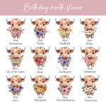 Personalisierte Geburt Blume Hochland Kuh Design 20oz gefrostet klar können Glas mit Namen und Stroh Geburtstag Geschenk für Highland Cow Lovers