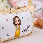 Personalized Cute Cartoon Character Floral Corduroy Makeup Bag Pouch with Name Wedding Bridal Shower Gift for Bride Bridesmaid