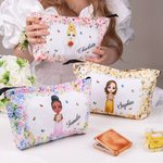 Personalized Cute Cartoon Character Floral Corduroy Makeup Bag Pouch with Name Wedding Bridal Shower Gift for Bride Bridesmaid