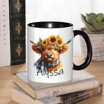 Personalized Sunflower Highland Cow Multicolour 11oz Ceramic Mug with Name Birthday Gift for Highland Cow Lovers