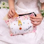 Personalized Cute Cartoon Character Floral Corduroy Makeup Bag Pouch with Name Wedding Bridal Shower Gift for Bride Bridesmaid