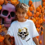 Personalized Gothic Birth Flower Sugar Skull 100% Cotton Kid Adult T-shirt with Name Day of The Dead Halloween Gift for Children Adult