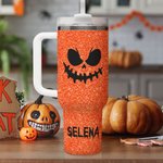 Personalized Faux Glitter Funny Pumpkin Pattern Large Capacity 40 oz Name Tumbler with Lid and Straw Halloween Gift for Friend Family