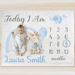Personalized Cute Rainbow Giraffe Monthly Milestone Throw Blanket with Name Nursery Decor Photo Prop Baby Shower Birthday Gift for Baby Boys Girls