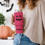 Personalized Faux Glitter Funny Pumpkin Pattern Large Capacity 40 oz Name Tumbler with Lid and Straw Halloween Gift for Friend Family