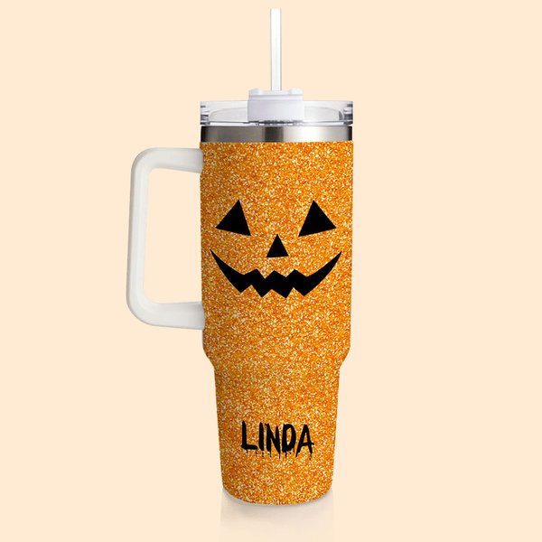 Personalisierte Faux Glitter lustige Kürbis-Muster große Kapazität 40 oz Name Becher mit Deckel und Strohhalm Halloween Geschenk für Freund Familie