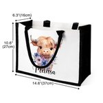 Personalized Birth Flower Highland Cow Large Canvas Tote Bag with Name Birthday Anniversary Gift for Highland Cow Lover