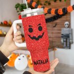 Personalized Faux Glitter Funny Pumpkin Pattern Large Capacity 40 oz Name Tumbler with Lid and Straw Halloween Gift for Friend Family
