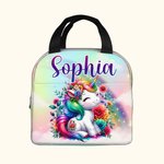 Sac à lunch isotherme personnalisé avec nom Rainbow Floral Fantasy Licorne Cadeau d'anniversaire de retour à l'école pour les enfants amoureux des lic
