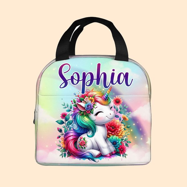 Personalized Cute Rainbow Floral Fantasy Unicorn Insulated Lunch Bag with Name Birthday Back to School Picnic Gift for Kids Unicorn Lovers