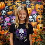 Personalized Gothic Birth Flower Sugar Skull 100% Cotton Kid Adult T-shirt with Name Day of The Dead Halloween Gift for Children Adult