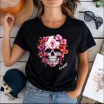 Personalized Gothic Birth Flower Sugar Skull 100% Cotton Kid Adult T-shirt with Name Day of The Dead Halloween Gift for Children Adult