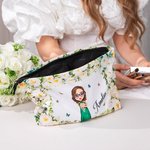 Personalized Cute Cartoon Character Floral Corduroy Makeup Bag Pouch with Name Wedding Bridal Shower Gift for Bride Bridesmaid
