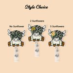 Personalised Cute Sunflower Highland Cow Retractable Acrylic Badge Reel ID Clip with Name Birthday Gift for Highland Cow Lovers
