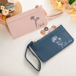 Personalized Birth Flower Name Card Holder Wallet with Wrist Strap Birthday Anniversary Gift for Her