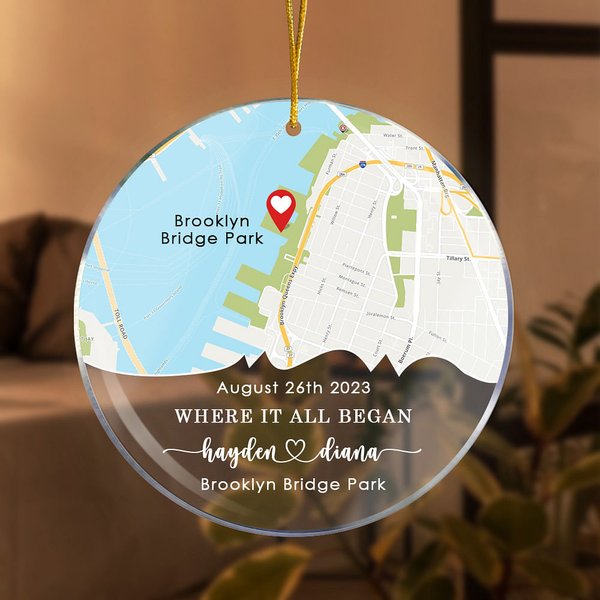Personalized Map Acrylic Round Pendant with Text and Photo Engagement Wedding Gift for Couple