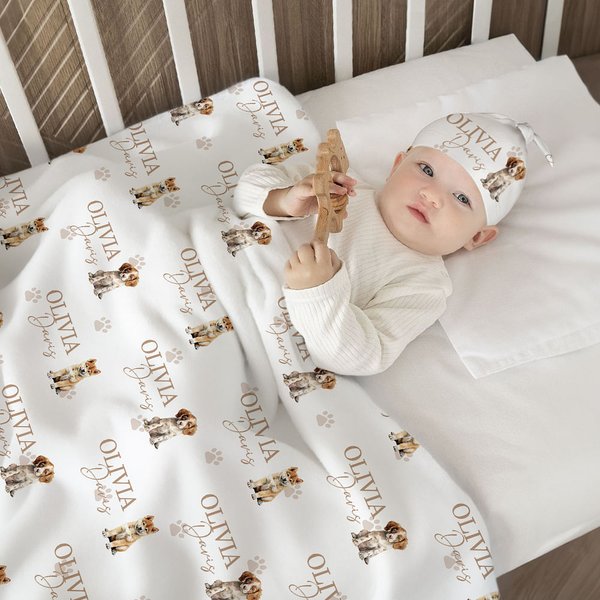 Personalised 1-3 Pet Dogs Unisex Soft Baby Swaddle Blanket Hat Set with Name Coming Home Outfit Birthday Baby Shower Gift for Newborns