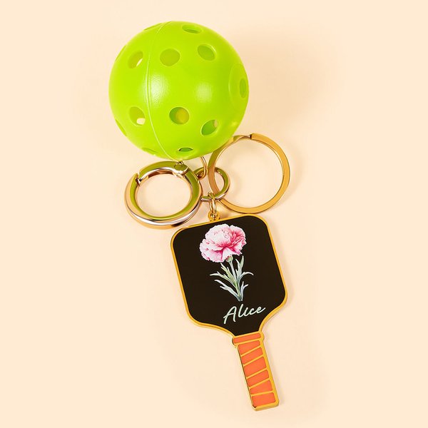 Personalisierte Emaille Geburt Blume Pickleball Paddel & Pickleball Charm Schlüsselanhänger mit Namen Geburtstag Weihnachten Geschenk für Pickleball L