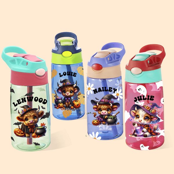 Gourde Personnalisée avec Nom à Motif Vache Highland Bouteille avec Couvercle et Paille Cadeau Halloween pour Enfant