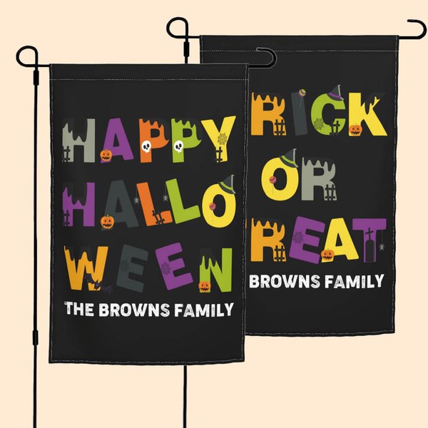 Personalisierte Happy Halloween Trick oder Treat Kürbis Schädel Gartenfahne mit Text Yard Porch Outdoor-Dekor Halloween Geschenk für Familie Freund