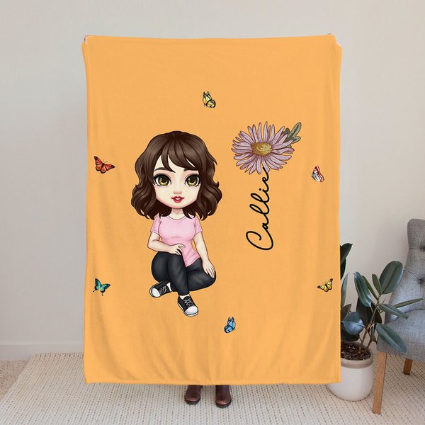 Personalizzato personaggio dei cartoni animati Farfalla Multicolore Morbida coperta accogliente con nome e fiore di nascita Home Decor Regalo di compl