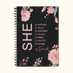 Personalized Self Care She Is Me Black A5 Spiral Journal Notebook with Name Flower Design 120 Pages Birthday Affirmation Gift for Women Girls