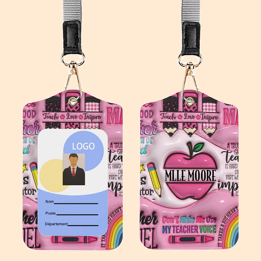 Porte-badge en Cuir PU avec Lanière Personnalisé avec Nom Cadeau Remerciement Journée de l'Enseignant Retour à l'École