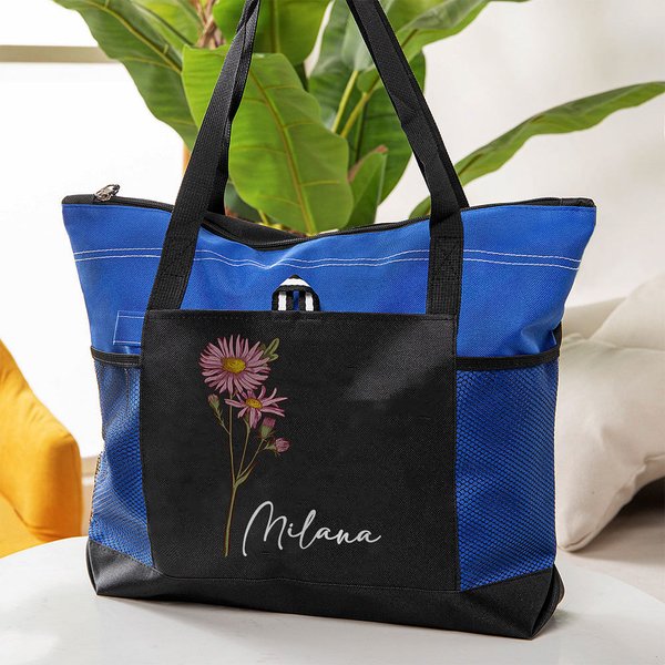 Personalisierte große Geburt Blume Name Tragetasche mit Reißverschluss und Mesh-Tasche Geburtstag Hochzeit Geschenk für Frauen Mädchen