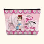 Personalised Just A Girl Who Loves Traveling Cartoon Canvas Makeup Storage Bag with Name Birthday Holiday Travel Gift for Women